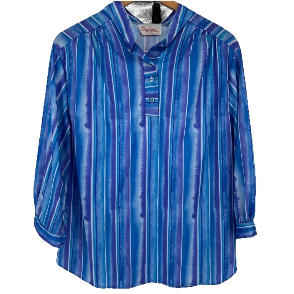 Amy Lynn‎ Wms Vintage Blouse L Blue Purple Striped Watercolor Art To Wear Retro
